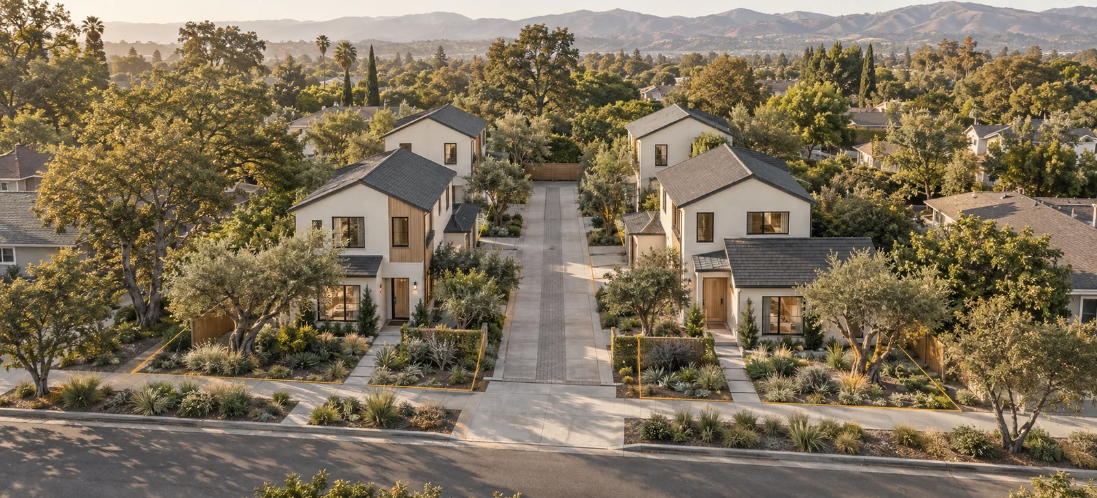 Architectural view of compact California homes along a landscaped shared lane.