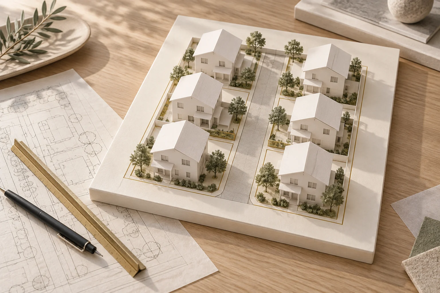 Six-home scale model with parcel linework and drafting tools.