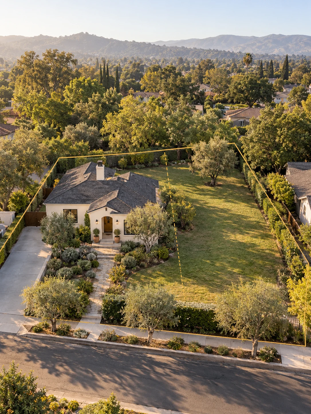 California home and open side yard outlined with a potential parcel division.