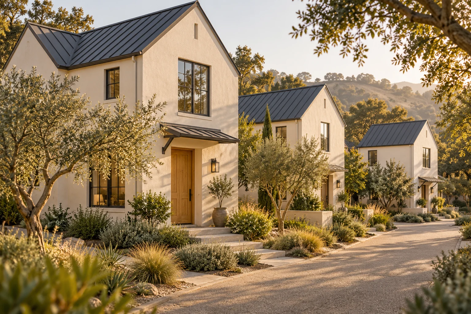 Cream stucco homes with wood entry doors and landscaped front gardens.