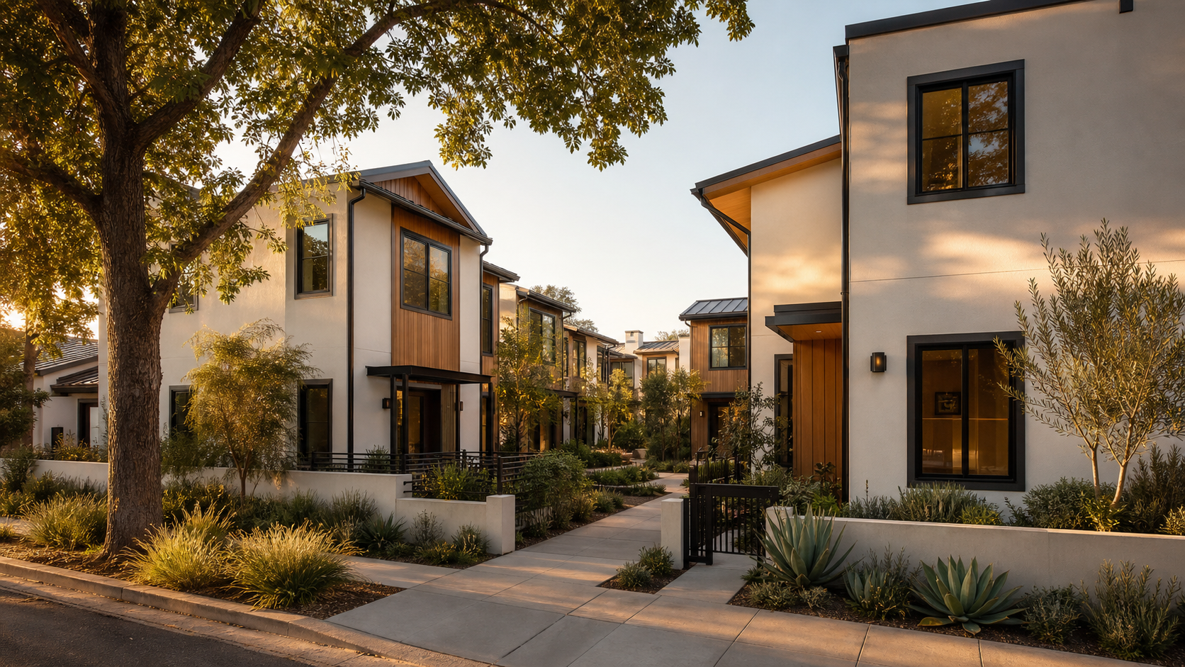 Illustrative street-level California infill housing development concept
